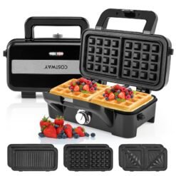 3 in 1 Waffle Maker with Non-stick Plates and Indicator Lights-Black