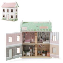Wooden Dollhouse with Furniture and Accessories for Kids-Pink