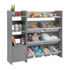 Kids Bookshelf Toy Storage Organizer with Storage Boxes and Open Shelves-Grey