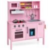 Wooden Kids Play Kitchen Set with Microwave Stoves Oven-Pink