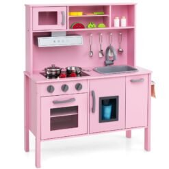 Wooden Kids Play Kitchen Set with Microwave Stoves Oven-Pink