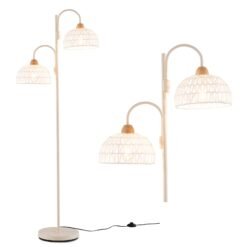 2 Light Floor Lamp with Foot Switch and Woven Lampshades-White