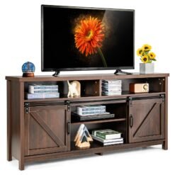 Sliding Barn Door Farmhouse Flat Screen Console for 65 Inch TVs-Dark Brown