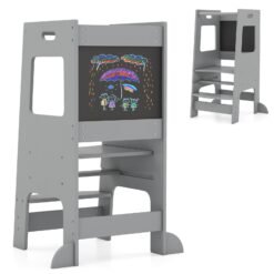 Toddler Kitchen Step Stool with Activity Chalkboard and Adjustable Height-Grey
