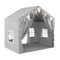 3-4 Kids Large Play Tent House with 2 Opening Doors Star Lights and Plaid Pennants-Grey