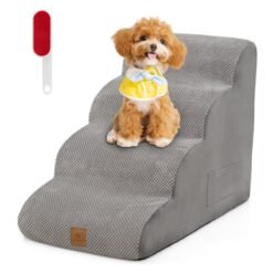 4-Tier Foam Dog Ramp with Washable Zippered Cover and Silicone Paw Prints-Grey