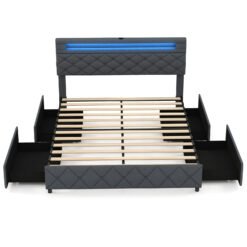 Modern Upholstered Bed Frame with Led Lights and Charging Station-King Size