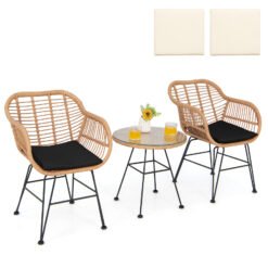 3 Pieces Patio Bistro Set with White Fabric Replacements-Black