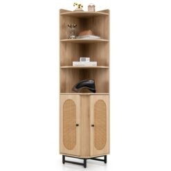 172 cm Tall PE Rattan Corner Cabinet with 2 Doors and 4 Open Shelves-Natural