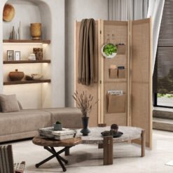 3 Panel Faux Linen Room Divider with Storage Bags-Natural