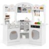 Kids Corner Wooden Play Kitchen with Coffee Machine Slide Microwave-White