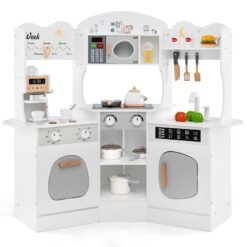Kids Corner Wooden Play Kitchen with Coffee Machine Slide Microwave-White