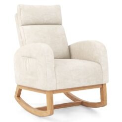 Upholstered Chenille Nursery Rocking Chair with Rubber Wood Frame-Beige