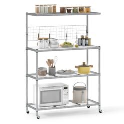 Bakers Rack on Wheels with Adjustable Shelves and Shelf Liner-Silver