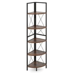 160 CM 5 tier Corner Bookshelf with Metal Frame X-shaped Brackets-Rustic Brown