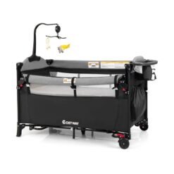 5-in-1 Baby Bassinet Bedside Sleeper with Diaper Changer and Hanging Toys-Black