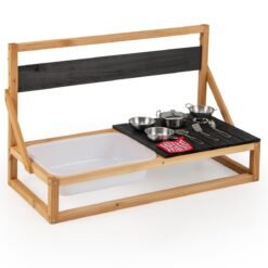 Fir Wood Pretend Play Kitchen with Hanging Hooks and Blackboard-Natural