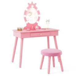 Kids Vanity Set with Lighted Mirror and Adjustable Brightness for Kids Aged 3-7 Years Old-Pink