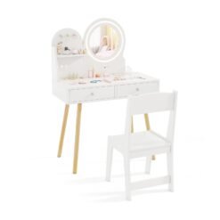 Wooden Kids Vanity Set with Lighted Mirror, Hooks and Storage Drawers-White