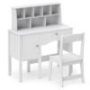 Kids Study Desk and Chair Set with Hutch and Storage Cabinet-White
