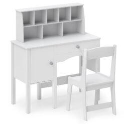 Kids Study Desk and Chair Set with Hutch and Storage Cabinet-White
