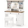Makeup Vanity Desk and Stool Set with Sliding Mirror and Cabinet-White