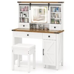 Makeup Vanity Desk and Stool Set with Sliding Mirror and Cabinet-White