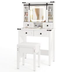 Makeup Vanity Desk and Stool Set with Mirror and Lights-White