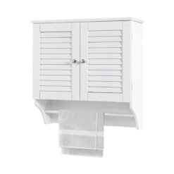 Wall Mounted Double Louvered Doors Storage Cabinet with Height Adjustable Shelf and Towels Bar-White