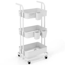 3-Tier Rolling Cart with 3 Hanging Cups and 6 Hooks-White