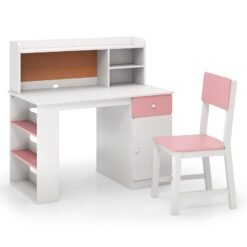 Kids Desk and Chair Set with Chair Hutch and 3-Layer Side Shelf-Pink