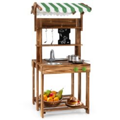 Double-Sided Mud Kitchen Wooden Barbecue Grill Playset with Canopy-Brown
