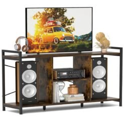 Industrial Entertainment Center with 4 Open Shelves-Rustic Brown