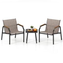 3 Piece Outdoor Chair Set with Breathable Fabric Seat and Wood-Plastic Armrests-Brown