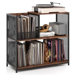 3-Tier Record Player Stand with Vinyl Storage and 3 Removable Dividers-Brown