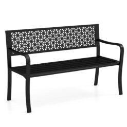 127CM Garden Bench with Patterned Backrest and Curved Armrests2-3-Person Patio Bench-Black
