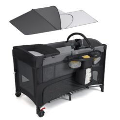 Foldable Pack and Play with 5 Adjustable Heights and Changing Table-Grey