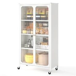 Metal Storage Cabinet with Adjustable Shelves and Lockable Wheels-White
