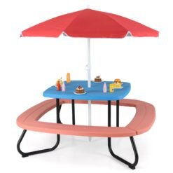 Children HDPE Kids Picnic Table with Height Adjustable Umbrella-Blue