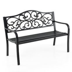 127CM Outdoor Garden Bench with Slatted Seat and Floral Design Backrest-Black