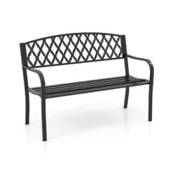 2-Seater Heavy-Duty Metal Garden Bench with Curved Seat and Armrests-Black