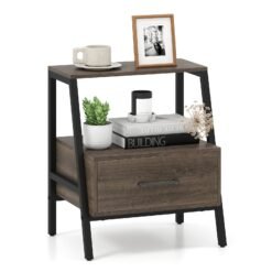 Farmhouse 3-Tier Nightstand with Drawer and Open Shelf for Living Room Bedroom-Grey
