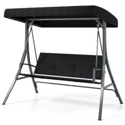 3-Person Porch Swing with Stand Adjustable Canopy Swing with Rattan Seat-Black