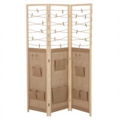 3-Panel Room Divider with 8 Storage Pockets and 4 Hooks-Natural