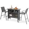 3 Piece Outdoor Bar Table and Chairs Set with Breathable Fabric-Grey