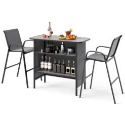 3 Piece Outdoor Bar Table and Chairs Set with Breathable Fabric-Grey