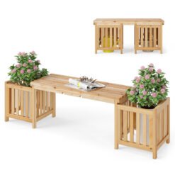 2 Person Patio Wooden Bench with Planter and 2 Side Flower Box-Natural