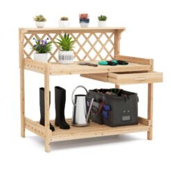 Garden Potting Bench Table with Lattice Trellis and Removable Drawer