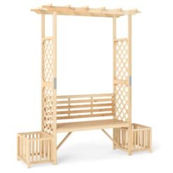 Patio Garden Bench Arbor Arch Wooden Outdoor Bench with Pergola-Natural