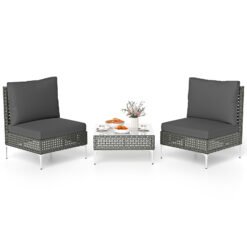 3 Pieces PE Rattan Conversation Chairs with Tempered Glass Coffee Table for Garden Porch-Grey